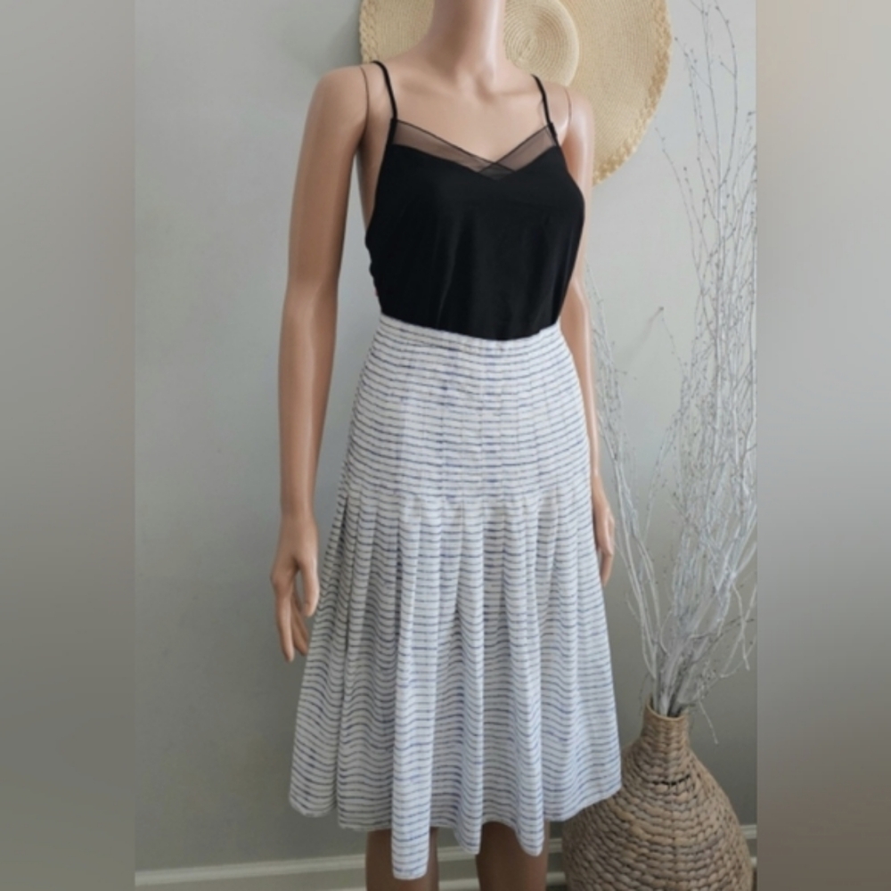 Vincé White Blue Nautical Striped Cotton Pleated Midi Skirt